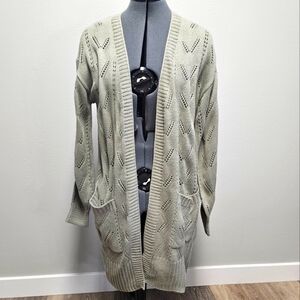 Pinque Stitch Fix Sage Green Textured Crochet Knit Open Cardigan Women's Medium